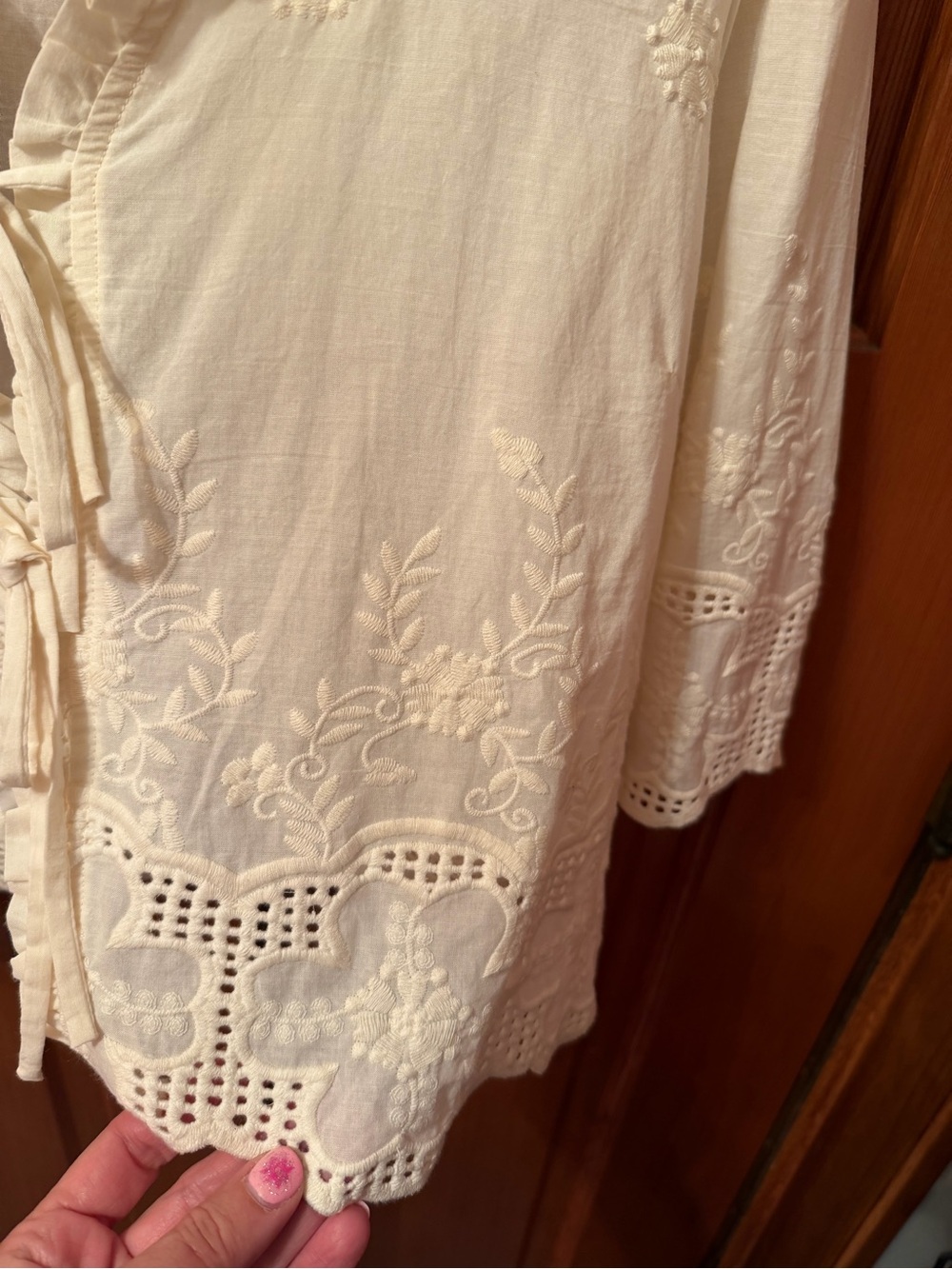 Cream Embroidered Tie-Front Peasant Blouse - Picture 4 of 13
